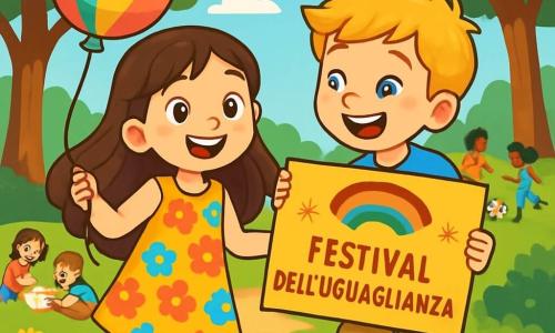 Una bambina di 8 anni, Nina, con lunghi capelli castani e occhi brillanti di curiosità, sorride felicemente tenendo un pallone multicolore. Indossa un vestito a fiori luminosi e sandali rosa, ed è al centro dell'immagine, piena di energia ed entusiasmo. Accanto a lei, il suo amico Marco, un ragazzo di 8 anni con capelli biondi e occhi blu, ride mentre tiene un cartello colorato che annuncia il festival. Indossa una maglietta blu e pantaloni beige, e si inclina leggermente verso Nina, condividendo la sua eccitazione. Lo sfondo è un parco verdeggiante, con alberi maestosi dalle foglie brillanti, fiori colorati lungo il sentiero e un cielo azzurro chiaro punteggiato di nuvole bianche e soffici. In lontananza, dei bambini giocano insieme, alcuni si divertono a disegnare su fogli di carta, mentre altri si sfidano gioiosamente a calcio. La scena principale mostra Nina e Marco che organizzano un festival dell'uguaglianza, dove tutti i bambini, ragazze e ragazzi, si divertono insieme, in un'atmosfera di gioia e amicizia, celebrando i loro talenti e la loro amicizia.