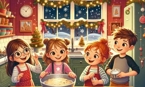 In een magische kerstscène staan vier vrienden in een charmante keuken versierd met lichtjes. Emma is een negenjarig meisje met lange bruine haren en ronde bril. Ze glimlacht blij terwijl ze een grote kom met koekjesdeeg vasthoudt. Max, een jongen met messy blond haar en sprankelende ogen, staat naast haar en strooit geconcentreerd bloem op het aanrecht. Lotte, een meisje met rood haar en vlechten, zit op een stoel met een deegroller, klaar om enthousiast het deeg uit te rollen. Sam, een jongen met kastanjebruin haar en sproeten, staat bij het raam en kijkt verwonderd naar de vallende sneeuwvlokken buiten, met een grote glimlach op zijn gezicht. De keuken is warm, met rode muren, een grote houten tafel in het midden en kerstdecoraties aan de muren. Er liggen al gouden koekjes op een schaal, en een zachte lichtinval verlicht de ruimte. De kinderen zijn druk bezig met het maken van kerstkoekjes, lachend en zingend, vol opwinding voor hun kerstverrassing.