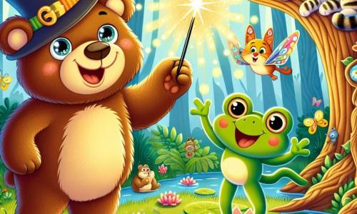 Un orso bruno dagli occhi scintillanti e dal sorriso ampio, indossando un piccolo cappello da mago, agita entusiasta una bacchetta magica luccicante. Accanto a lui, una rana verde con grandi occhi rotondi e le zampe in aria, ride danzando come una ballerina su una foglia di ninfea. Un gatto tigrato, sdraiato su un ramo, osserva la scena con aria divertita, gli occhi semi-chiusi, pronto a saltare. Un uccellino colorato, posato su un ramo, canta allegramente imitando i suoni della rana, le sue piume brillanti illuminate dal sole. Il paesaggio è un boschetto magico, pieno di alberi dai tronchi attorcigliati e fiori vivaci, mentre raggi di luce filtrano tra il fogliame, creando un'atmosfera incantata. L'orso usa la sua bacchetta magica per far ballare i suoi amici, suscitando risate e gioia in questo mondo incantevole.