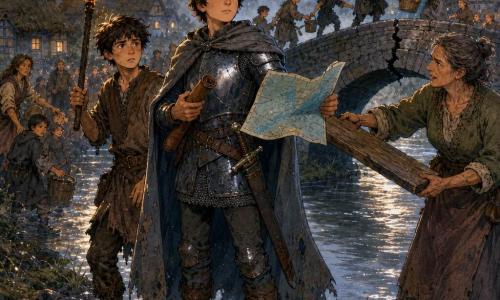 El personaje principal es un caballero joven de pie sobre una piedra junto al puente, rostro sereno y decidido, armadura mate con reflejos azules y capa gris, sosteniendo una carta enrollada y una espada en la funda; a su derecha Martín, escudero delgado de ~14 años y cabello castaño, empapado y con una antorcha humeante, mirada ansiosa pero valiente; a la izquierda Aldara, campesina robusta de ~40 años con manos ásperas y chaqueta de lana embarrada, entregando tablas y dirigiendo a los aldeanos; al fondo varios pobladores (adultos y niños) forman una cadena pasando cubos y tablas; lugar: antiguo puente de piedra sobre un río plateado con una grieta en el arco, orillas enlodadas y casas de paja bajo un cielo húmedo; escena principal: noche lluviosa que amaina, luz cálida de antorchas entre neblina, el caballero muestra un mapa azulado como símbolo de unión mientras los aldeanos refuerzan el puente.