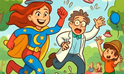 Clara, una joven superheroína, lleva un traje brillante de colores vivos con motivos de luna y estrellas. Tiene una gran sonrisa alegre y ojos chispeantes de travesura, mientras corre con una tarta de fresa equilibrada en su cabeza, con el cabello ondeando al viento. A su lado, el Profesor Desastre, un hombre de unos cincuenta años con gafas redondas y cabello desordenado, tropieza con un gran pastel que ha dejado caer, mostrando una expresión de sorpresa cómica. El Pequeño Desliz, un niño de unos 10 años con un sombrero demasiado grande y una cara traviesa, intenta atrapar su propio pastel que vuela, con los brazos extendidos hacia el cielo. La escena transcurre en un parque soleado, lleno de árboles verdes, flores coloridas y familias riendo alrededor de mesas de picnic. Globos flotan en el aire, añadiendo un toque festivo a la atmósfera. La situación principal muestra a Clara corriendo alegremente hacia la meta, rodeada de risas y pasteles, mientras los dos personajes secundarios se encuentran en posiciones cómicas, creando un ambiente de fiesta y camaradería.