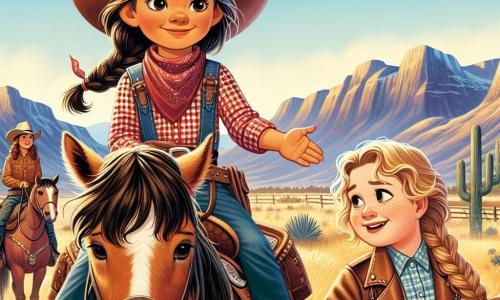 Op de voorgrond staat een dappere cowgirl, Lucy, ongeveer 10 jaar oud, met een grote cowboyhoed en een rood geruit shirt. Ze heeft lange, bruine haren in een vlecht en een vastberaden glimlach op haar gezicht. Ze zit op haar mooie bruine pony, Binky, die vrolijk hinnikt naast haar. Lucy steekt haar hand uit om een andere cowgirl te helpen. Naast hen is een cowgirl van ongeveer 12 jaar, met blond haar en vlechten, te paard, zichtbaar opgelucht en dankbaar. Ze draagt een leren jas en kijkt Lucy bewonderend aan. De achtergrond toont een uitgestrekte prairie van het Wilde Westen, met gouden heuvels aan de horizon, verspreide cactussen en een stralende blauwe lucht. In de verte zijn bergen te zien, die een majestueuze toets aan het landschap geven. De belangrijkste situatie toont Lucy en Binky die de vastzittende cowgirl helpen, wat de geest van samenwerking en avontuur in dit cowboyverhaal illustreert.