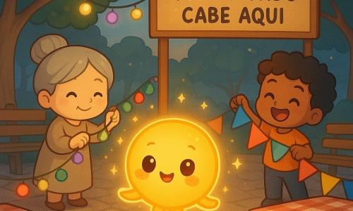 Lumi é uma pequena esfera de luz quente e arredondada, amarelo-alaranjada, olhos brilhantes e sorriso doce, flutuando como uma vaga-lume curioso, com expressão alegre e espantada, faíscas ao redor e uma mão luminosa estendida para ajudar; Dona Sara, mulher adulta chibi de cabelos grisalhos em coque, pele clara e rosto afável, sorri enquanto pendura guirlandas à esquerda; Tomás, menino chibi vivo, pele morena e cabelos cacheados negros, ri enquanto coloca bandeirolas à direita; tudo se passa numa pequena praça pavimentada ao crepúsculo, com árvores de folhas verde-escuro, bancos e mesas de madeira com toalhas xadrez, guirlandas coloridas e um grande painel escrito Todo mundo cabe aqui; a cena mostra a festa de bairro sendo preparada — Lumi liga luzes, Dona Sara ajeita uma toalha e Tomás pendura decorações, ambiente quente, animado e colorido com sombras suaves e lampiões brilhantes.