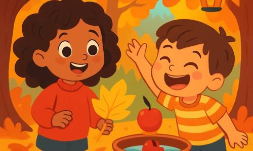A 6-year-old girl with curly hair and sparkling eyes wears a red sweater and rubber boots. She smiles in wonder as she picks up a large shiny yellow leaf from the ground. Next to her, a 6-year-old boy with brown hair and a striped t-shirt laughs while trying to catch a floating apple in a bucket of water, his cheeks rosy from the cold. The setting is an enchanted autumn forest, with trees adorned in vibrant red, orange, and yellow leaves, and a carpet of crunchy leaves on the ground. Orange lanterns hang from the branches, illuminating the scene with a soft light. The main focus is on the joy of the little girl and her friend as they enjoy exploring the wonders of autumn, surrounded by laughter and bright colors.