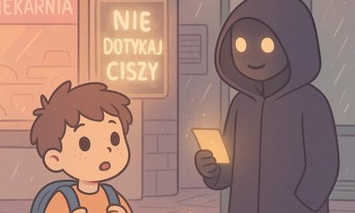 Dwunastoletni chłopiec z okrągłą twarzą i piegami, rozczochranymi brązowymi włosami, trzyma plecak przy piersi i patrzy na plakat, z którego dymne litery tworzą napis NIE DOTYKAJ CISZY; obok na ławce stoi szesnastoletni nastolatek w dużym ciemnym płaszczu z kapturem, blady, z błyszczącymi oczami, uśmiecha się tajemniczo, trzymając przezroczysty, złocisty bilet, którego światło delikatnie oświetla ich twarze; scena na deszczowym chodniku miasta z mokrymi brukami odbijającymi różowo-zielone neony, witryną piekarni, wiatą przystankową ze spływającymi kroplami i kratką wentylacyjną wydzielającą świetlny podmuch, atmosfera magiczna i miejska.