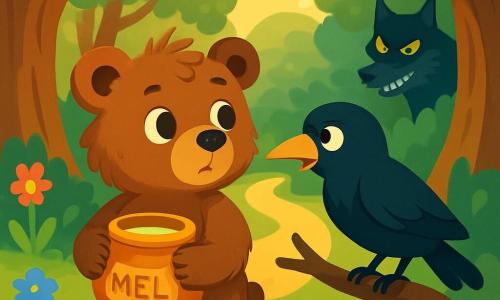 Um jovem urso pardo chamado Tobias, com um pelo macio e desgrenhado, observa ao seu redor com olhos curiosos e determinados. Ele segura um pote de mel com suas patas, pronto para partir em uma aventura na floresta. Ao seu lado, uma majestosa corvo negra, a Senhora Corvo, com plumagem brilhante e olhos travessos, parece preocupada, empoleirada em um galho baixo, apontando o bico para um caminho misterioso. O local é uma floresta encantada, repleta de árvores com troncos grossos e tortuosos, cujas folhas verdes brilham sob o sol dourado, e flores coloridas espalhadas pelo chão. Ao longe, vê-se uma sombra ameaçadora, a do Grande Lobo Mau, escondido atrás de um arbusto, com seus olhos amarelos brilhantes e um sorriso traiçoeiro. A situação principal mostra Tobias, determinado e corajoso, pronto para enfrentar o lobo e recuperar a coroa da Senhora Corvo, enquanto o lobo, astuto, espera na sombra, pronto para atacar.