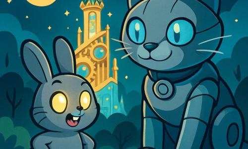 Un piccolo coniglio di nome Ombra, con un pelo grigio e occhi brillanti come lanterne, si trova coraggiosamente al centro della scena, mostrando un'espressione determinata e gioiosa. Accanto a lui, un grande gatto robot, il Grande Gatto Laser, con occhi blu scintillanti e baffi d'argento, guarda Ombra con curiosità e un leggero sorriso, pronto ad ascoltare le sue idee. Sullo sfondo, una magnifica torre di cristallo scintillante, costruita con ingranaggi e luci, brilla sotto un cielo stellato, illuminando il paesaggio notturno del Bosco di Tenebra e Luce. La scena ritrae Ombra e il Grande Gatto Laser mentre discutono, circondati dal bagliore magico della torre, simboleggiando l'unione di magia e tecnologia.