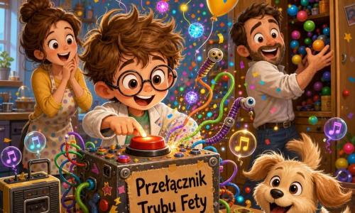 Chłopiec-wynalazca około 9 lat, brązowe potargane włosy, duże okrągłe okulary na nosie, szeroki uśmiech i błyszczące oczy, radośnie naciska wielki czerwony przycisk jedną ręką; mama ~35 lat, kasztanowe włosy w kok, łagodna zaskoczona mina, śmieje się z kuchni po lewej; tata ~38 lat, krótka broda, pognieciona koszula, łapie odbijające się piłeczki wychodzące z szafki za nim, po prawej; mały pies Pako, beżowe futro, szybko merdający ogon, w muzycznej obroży, biega wokół postaci; zagracona pracownia-sypialnia: drewniany stół z śrubkami, kolorowymi kablami, sprężynami, guzikami, starym odtwarzaczem i naklejkami, duży kartonowy szyld „Przełącznik Trybu Fety”; ciepłe światło, jasnoniebieskie ściany z rysunkami gwiazdek i papierowymi girlandami; czerwony przycisk aktywowany — uśmiechnięte balony, wielobarwne konfetti, małe dyskotekowe lampki wirujące, kable falujące jak zabawne węże i widoczne nuty w bąbelkach wokół psa; styl chibi kawaii, żywe kontrastowe kolory, zaokrąglone kreski, miękkie tekstury, świąteczna, dynamiczna atmosfera.