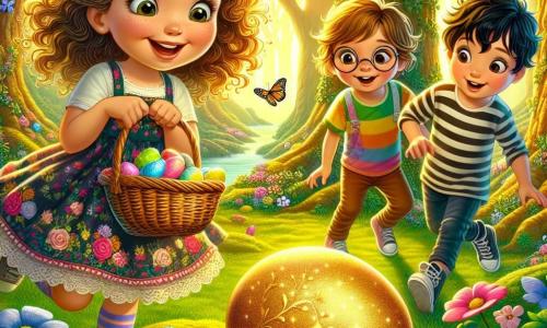 A 10-year-old girl, Lucy, with curly golden hair, wears a colorful dress adorned with floral patterns. She has a big smile on her face, her eyes shining with excitement as she holds a wicker basket filled with Easter eggs. Beside her is her best friend Tommy, a 10-year-old boy with brown hair and round glasses, gazing in awe at a sparkling golden egg resting on a bed of moss. A little further away, Mia, a 10-year-old girl with straight black hair in a braid and a striped t-shirt, approaches curiously, hands on her hips, ready to uncover the secret of the magical garden. The setting is an enchanted clearing surrounded by majestic trees with thick trunks and golden leaves that let sunlight through, creating a fairy-tale atmosphere. Colorful flowers and butterflies dance around them, adding to the magic of the moment. The main scene shows Lucy, Tommy, and Mia discovering the precious golden egg at the center of the clearing, their faces lit up with joy and wonder as they realize they are at the heart of a magical Easter adventure.