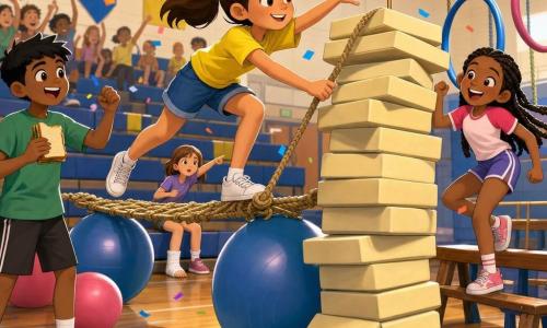 A determined smiling 10-year-old girl with a round face, freckles and a brown ponytail reaches for a small flag atop a stack of unstable gym mats; she wears a bright yellow T‑shirt, denim shorts and white sneakers, balancing on a braided walkway laid over large balls with one hand gripping a mat rope. To her left, about 10-year-old Tariq with short black hair watches encouragingly, holding a peanut butter sandwich; to the right, about 11-year-old Jamila, mixed-race with braided hair, laughs and does a little dance near a bench and floating hoops. Eight-year-old Nell sits on the bleachers with a bandaged ankle, calm and pointing toward the braided walkway while whispering advice. The wide, bright school gym has polished wood floors, colorful banners, cream foam mats, oscillating suspended hoops and scattered blue and pink gym balls. Confetti is about to burst; classmates cheer, the scene captures the decisive, joyful, dynamic moment with visible bouncing motion in blurred silhouettes.
