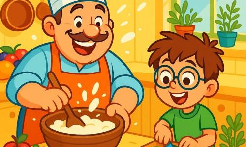 Chef Charlie, a cheerful man with a big smile, wears a tall white hat and a bright apron. His eyes sparkle with joy as he mixes batter in a large wooden bowl, surrounded by vibrant colors and fresh ingredients. Next to him, Tommy, an 8-year-old boy with messy brown hair and round glasses, is cutting vegetables on a small cutting board, his face beaming with excitement. The scene takes place in a lively kitchen filled with shiny copper pots, colorful fruits on the counter, and delicious pastries cooling on racks. The walls are painted bright yellow, and fresh herbs grow in pots on the windowsill. The main situation shows Chef Charlie and Tommy creating a magical cake together, with flour flying in the air and laughter echoing in the kitchen.