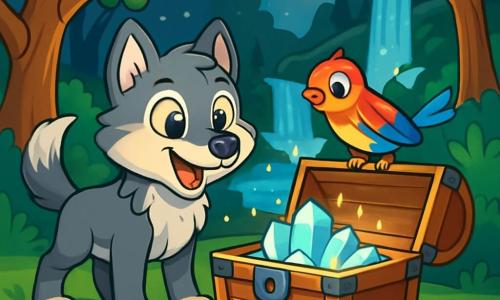 A young silver-furred wolf with bright, curious eyes stands in front of an old wooden chest, its paws slightly apart and tail wagging. Next to it, a small bird with vibrant plumage perches on the chest, its wings slightly spread, ready to explore. The setting is an enchanted glade surrounded by majestic trees with gnarled trunks and bright green leaves, while a sparkling waterfall murmurs in the background, casting glimmers of light in the air. The half-open chest reveals shining crystals that sparkle under the moonlight, creating a magical and mysterious atmosphere. The scene conveys a sense of adventure and discovery as the wolf and bird uncover the forest's hidden treasure.