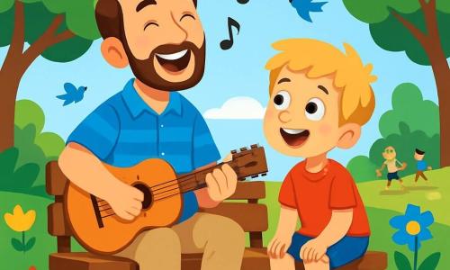 A smiling man named Max, with brown hair and a light beard, is sitting on a wooden bench in a sunny park. He wears a blue striped shirt and beige pants, and his face shows joy and enthusiasm as he sings passionately. Next to him, an 8-year-old boy named Timmy, with messy blonde hair and a red t-shirt, listens attentively, his eyes shining with admiration. Timmy sits on the edge of the bench, hands on his knees, ready to sing. The park is lush with vibrant green trees, colorful flowers dancing in the wind, and children playing in the distance. Birds fly in the blue sky, adding a touch of magic to the scene. Max sings a joyful melody, and an excited Timmy prepares to sing along, creating an atmosphere of happiness and camaraderie.