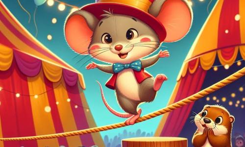 Un piccolo topolino di nome Tito, con un grande cappello rosso troppo largo per la sua testa, sta in piedi con orgoglio su una corda tesa, con un sorriso radioso sul volto. La sua piccola coda è in equilibrio dietro di lui, mentre fa un passo audace, con gli occhi scintillanti di eccitazione e determinazione. Vicino a lui, Lenny, una lontra divertente con un bandana blu, applaude con un grande sorriso, orgoglioso del suo giovane amico. Si trova su una piattaforma di legno, pronto a incoraggiare Tito. Lo sfondo è un circo colorato, con un grande tendone a strisce rosse e gialle, luci scintillanti e animali curiosi che guardano con meraviglia. La scena mostra Tito che realizza il suo sogno di funambolo, camminando coraggiosamente sulla corda, circondato da amici e un pubblico entusiasta, catturando lo spirito gioioso e dinamico del circo.