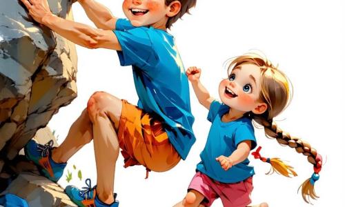 Een 12-jarig jongen, Tom, met rommelig bruin haar en sprankelende ogen vol vastberadenheid, klimt enthousiast op een kleurrijke rotswand. Hij draagt een heldere blauwe t-shirt en een oranje short, en zijn gezicht straalt vreugde en concentratie uit terwijl hij een moeilijke greep bereikt. Naast hem moedigt Lisa, een 11-jarig meisje met lange gevlochten blonde haren en een bemoedigende glimlach, hem aan met opgeheven armen, gekleed in een roze t-shirt en zwarte sportbroek. Verderop kijkt Max, een 12-jarige jongen met zwart haar en een competitieve blik, bewonderend naar Tom, klaar om zelf te klimmen, in een groene t-shirt en blauwe short. De achtergrond toont een prachtige buitenklimwand, omringd door weelderig groen en een stralende blauwe lucht met witte, donzige wolken. Vrienden en volwassenen staan beneden, applaudisserend en de klimmers aanmoedigend, wat een vrolijke en dynamische sfeer creëert. De hoofdactie laat Tom zien die een klimuitdaging overwint, vastbesloten om de top van de wand te bereiken, terwijl zijn vrienden hem aanmoedigen, wat de teamgeest en vriendschap illustreert.