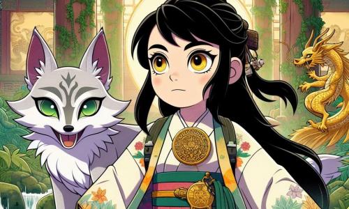 En el centro de la imagen, Akiko, una niña de once años, se sostiene con orgullo, su rostro iluminado por una mezcla de emoción y determinación. Tiene largos cabellos negros, ojos brillantes y curiosos, y lleva una túnica colorida con motivos florales. En su mano derecha sostiene un hermoso medallón dorado que brilla bajo la luz, mientras que con la mano izquierda empuña una espada de madera, símbolo de su valentía. A su lado, Yuki, un pequeño zorro de tres colas con pelaje plateado y ojos traviesos, observa atentamente los alrededores. Está posado sobre una piedra, listo para guiar a Akiko en su búsqueda, con una expresión llena de sabiduría y aliento. El escenario es un antiguo templo, con paredes cubiertas de hiedra y musgo, y esculturas de dragones majestuosos que parecen cobrar vida. Rayos de luz filtran a través de las grietas del techo, iluminando espejos brillantes que reflejan sombras misteriosas. La situación principal muestra a Akiko frente a un gran espejo brillante, mirando su reflejo, mientras sombras inquietantes bailan a su alrededor. Ella demuestra valentía, lista para enfrentar sus miedos y obtener el primer artefacto de su búsqueda.