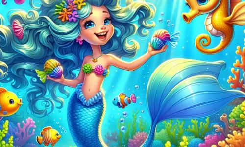 No centro da imagem, uma sereia chamada Coralina, com cabelos longos e ondulados de um azul brilhante, nada alegremente em águas cristalinas. Seu rosto irradia felicidade, seus olhos brilham de travessura, enquanto segura conchas coloridas que emitem sons divertidos. Sua cauda cintilante, adornada com padrões de coral, brilha sob os raios de sol que filtram pela superfície da água. Ao lado dela, Triton, um pequeno cavalo-marinho de corpo dourado, observa com um sorriso travesso, fazendo piruetas na água. Um pouco mais longe, Polina, um peixe-palhaço de cores vivas, se agarra a uma alga, rindo enquanto observa os dois amigos. O cenário é um magnífico recife de coral, repleto de cores vibrantes e formas variadas, com peixes nadando ao redor, criando uma atmosfera alegre e animada. A cena principal mostra Coralina brincando com as conchas cantantes, provocando risos em seus amigos, enquanto desfrutam de um belo dia debaixo d'água, repleto de magia e amizade.