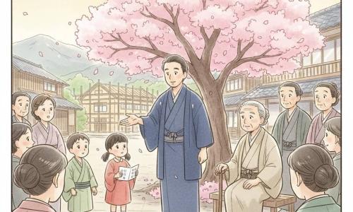 Haruto, ein lächelnder, ruhiger Mann um vierzig mit leicht ergrautem schwarzem Haar und dunkelblauem einfachen Kimono, steht unter einem großen blühenden Kirschbaum und spricht zum Dorf, während der etwa 70-jährige Bürgermeister/Weise mit poliert weißem Haar im cremefarbenen Kimono rechts auf einer Bank sitzt und mit den Händen auf einem Stock zuhört; ein achtjähriges Mädchen mit schwarzen Zöpfen in einem hellroten Kleid hält eine kleine Papier-Schulmodell und steht links vor Haruto, ein zehnjähriger Junge mit kurzen braunen Haaren im hellgrünen Kimono steht neben ihr und schaut auf das Modell, mehrere Dorfbewohner bilden einen Halbkreis mit neugierigen, friedlichen Gesichtern; Ort: gepflasterter Dorfplatz, Kirschbaum mit rosa Blütenblättern in der Mitte, Holzhäuser mit Ziegeldächern und sanfte Berge im Hintergrund, eine im Bau befindliche Schule mit Bambusgerüst in der Ferne; Hauptszene: Haruto erklärt sanft die neue Schule, goldenes Morgenlicht, warme Atmosphäre, Pastellfarben, weiche Konturen, Aquarelltextur auf Papier, Komposition zentriert auf Haruto und das von dem Mädchen gehaltene Modell, Hoffnungsausdruck auf den Gesichtern, wirbelnde Kirschblüten.
