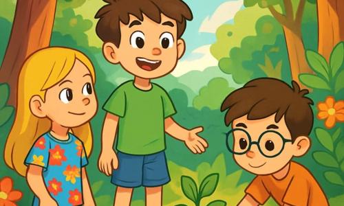 Um garoto de 12 anos, Lucas, com cabelos castanhos bagunçados e olhos brilhantes de curiosidade, está no meio de uma floresta exuberante. Ele usa uma camiseta verde vibrante e um short de jeans, com o rosto iluminado por um largo sorriso de empolgação. Ao seu lado, sua melhor amiga Ana, uma menina de 12 anos com cabelos longos e loiros, vestida com uma camisa de flores coloridas, segura uma pequena pá e olha para Lucas com admiração. Um pouco mais adiante, Pedro, um garoto de 12 anos com óculos e cabelos castanhos, está agachado, plantando um broto com cuidado, o rosto concentrado. A cena ocorre na magnífica Reserva Natural da Serra Verde, onde grandes árvores de troncos robustos e flores vibrantes cercam as crianças. Raios de sol passam pelas folhas, criando padrões luminosos no chão. Lucas, Ana e Pedro estão plantando árvores para restaurar a natureza, com rostos radiantes de alegria e determinação, simbolizando esperança e compromisso com a ecologia.