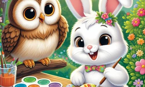 Ein kleiner Hase namens Felix mit weichem, weißem Fell, großen, hängenden Ohren und funkelnden Augen malt bunte Ostereier auf einem Holztisch. Er lächelt breit, seine rosigen Wangen verraten seine Begeisterung. Neben ihm beobachtet eine Eule namens Ella mit großen, runden Augen und braunen Federn neugierig, während sie einen Pinsel in ihren Krallen hält. Sie ist von den lebhaften Farben und Mustern, die Felix kreiert, begeistert. Ein kleiner gelber Vogel namens Max sitzt auf dem Tischrand und singt fröhlich, seine Flügel vibrieren und sein Schnabel ist offen, bereit, seine Freunde zu ermutigen. Die Szene spielt in einem sonnigen Garten, der voller leuchtender Blumen und grüner Bäume ist, mit Sonnenstrahlen, die durch die Blätter filtern und eine warme, festliche Atmosphäre schaffen. Felix, Ella und Max bereiten sich auf Ostern vor, indem sie Eier in leuchtenden Farben malen, umgeben von einer fröhlichen und freundlichen Stimmung, bereit, ihre Kreativität mit all ihren Freunden zu teilen.