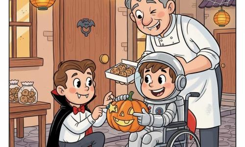 Hay tres personajes: Bruno, niño de 6-7 años disfrazado de vampiro elegante con capa negra brillante, pajarita roja y cabello castaño, arrodillado a la izquierda sosteniendo una pequeña bolita de masilla adhesiva para pegar una estrellita en una calabaza de plástico; Nico, niño de 6-7 años en silla de ruedas disfrazado de astronauta con casco plateado, guantes brillantes y mochila cohete, sentado a la derecha y sonriendo mientras sostiene la calabaza y muestra con orgullo dónde irá la estrella; y Don Julián, vecino pastelero de unos 50 años con cabello canoso, delantal blanco con harina, detrás de ellos inclinándose y ofreciendo una caja de galletas con una mirada dulce y un guiño. Lugar: una calle de barrio de noche con adoquines iluminada por faroles naranja en forma de calabaza, casas decoradas con telarañas y farolillos, una pequeña mesa de madera con bolsitas de galletas y una puerta al fondo; paleta cálida de colores (naranjas, marrones, violetas suaves) y texturas visibles. Situación: escena alegre y tranquila de Halloween, composición centrada estilo cartoon retro con siluetas redondeadas y miembros elásticos; Bruno pega la estrellita en la calabaza que sostiene Nico mientras Don Julián coloca la caja de masilla y galletas en la mesa; luz suave de los faroles crea sombras redondeadas y contornos suaves.
