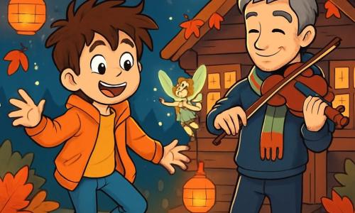 Un niño de 10 años, Lucas, con el pelo castaño desordenado y ojos llenos de curiosidad, baila alegremente bajo la luz de la luna. Lleva una chaqueta naranja brillante y zapatillas desgastadas, y su rostro expresa una emoción contagiosa. A su lado, un hombre de unos treinta años, Elías, con cabello gris y una bufanda colorida, toca el violín, sus ojos brillando de pasión, observando a Lucas con una sonrisa amable. La escena tiene lugar frente a una cabaña de madera, rodeada de hojas de otoño en colores vivos, con farolitos colgantes que brillan suavemente en la noche. Lucas, con sus movimientos ligeros y graciosos, baila alrededor de los farolitos al ritmo de la música, mientras una pequeña criatura mágica, un hada con alas brillantes, vuela alegremente a su alrededor, añadiendo un toque de magia a la escena.