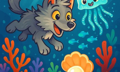 Lupo, a young wolf with tousled gray fur and sparkling yellow eyes, swims in a shimmering sea, his playful tail waving behind him. He shows an expression of joy and curiosity as he discovers a vibrant underwater world. Beside him, a small glowing jellyfish with a translucent body and shimmering tentacles dances happily in the water, its eyes sparkling with mischief. The enchanting underwater landscape is filled with colorful corals, phosphorescent fish swimming in schools, and rays of light filtering through the water's surface, creating a magical atmosphere. The main scene depicts Lupo and the jellyfish discovering a hidden treasure in a coral garden, featuring shiny shells and a large sparkling pearl that emits a soft glow, revealing the wonders of the ocean.