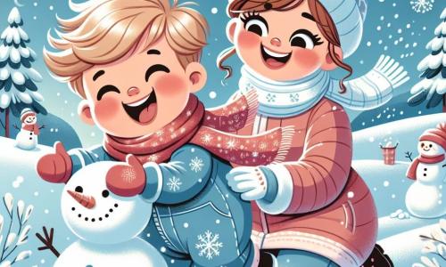 Ein einjähriger Junge mit roten Wangen und zerzausten blonden Haaren lacht herzhaft, während er in einem großen Schneehaufen spielt. Er trägt einen blauen Schneeanzug mit weißen Schneeflockenmuster und einen roten Schal, der im Wind weht. Neben ihm steht seine Mama, eine etwa 30-jährige, lächelnde Frau mit braunen, hochgesteckten Haaren, die einen Schneemann baut. Sie trägt einen warmen rosa Mantel und eine passende Mütze. Die Szenerie ist eine bezaubernde Winterlandschaft mit schneebedeckten Bäumen, einem klaren blauen Himmel und sanft fallenden Schneeflocken. In der Ferne sind weiße Hügel und Fußabdrücke im Schnee zu sehen. Die Hauptsituation zeigt den kleinen Jungen, der mit einem großen Lächeln einen Schneemann wirft, während seine Mama ihn fröhlich anfeuert und eine Szene voller Freude und winterlicher Magie schafft.