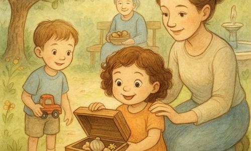 A 4-year-old girl with curly brown hair, red shoes and a round face with big bright eyes, happy and proud, holds a small open wooden chest with her hand on the lid; an adult woman (mother, about 30–35) with hair in a bun kneels beside her, smiling gently and resting a protective hand on the girl's shoulder while looking at the box; a grandmother (about 65) sits on a bench behind a stone fountain, gray hair in a soft bun, holding a small basket of muffins and smiling at the scene; a neighbor boy (about 5) stands left with a toy truck, curious and smiling at the treasures. The sunny garden has an old apple tree, a round stone fountain with clear water, a dirt path with small red painted dots, green leaves and wildflowers, visible textures and soft shadows. The main moment shows the girl who has just opened a treasure box filled with shells, a little bell and star-shaped stickers; everyone shares the warm moment centered on the open box, with warm colors and tactile details like wood grain, crumpled fabric and sparkling water.