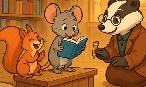 A small grey mouse with soft fur and large round ears stands on a wooden platform holding a cracked blue book and reads aloud, shyly leaning forward as she gathers courage; Hazel, a bushy-tailed red squirrel, sits at the platform’s left applauding with a bright smile, while Mrs. Badger, a plump badger in round glasses and a brown coat, kneels to the right offering a small golden bookmark with a tender approving look; the warm wooden bookstore has high shelves of colorful books, floor cushions, golden light through a large window and the scent of hot chocolate, and the group listens as the mouse’s voice grows from a timid whisper to a clear, confident tone.