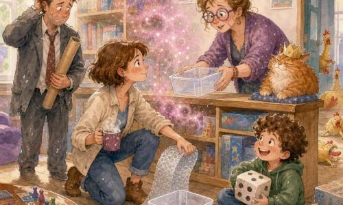 The protagonist, Mira, is a determined-looking woman with a shy smile, sparkling eyes, short brown hair, a light jacket and ankle boots; she holds a cup of cocoa in one hand and unrolls bubble wrap with the other to make a protective mat. Behind a counter stands Ms. Kendra, an adult woman with round purple glasses and a relieved, admiring expression, offering a small plastic bin as if to contain a tube. Mr. Blip, a somewhat confused adult man in a rumpled suit and messy hair, appears from the left clutching a long cardboard tube and looking embarrassed toward Mira. A boy of about seven sits on the floor to the right, laughing, curly-haired and holding a large foam die, watching the action. A fluffy orange cat with a tiny paper crown lounges on the counter, looking amused and regal. The setting is an indoor game library with low and high shelves of colorful game boxes, light wood floors, playful posters, a small table with scattered pawns and cards, and soft light from a large window. At the center floats a cloud of pink glittery dust (giggle dust); Mira carefully places the tube into a clear bin on the bubble-wrap mat while inflatable rubber chickens roll near a door and boxes wobble, creating a mix of comic tension and relief as everyone cooperates.
