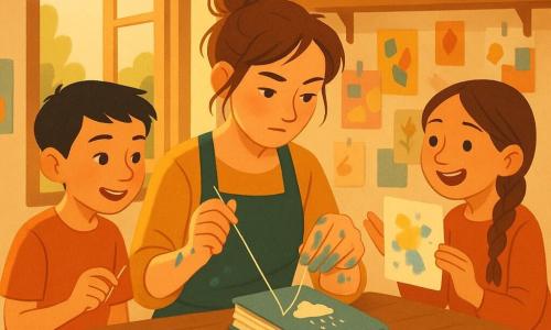 Uma mulher artista na casa dos trinta, cabelo castanho preso num coque despenteado, mãos manchadas de tinta azul e amarela, rosto concentrado e doce, costurando com uma agulha grossa um caderno de folhas reaproveitadas sobre uma mesa de madeira; à esquerda, Tiago, 12 anos, cabelo curto preto, sorriso maravilhado, segura uma pequena agulha e observa atento; à direita, Inês, 12 anos, cabelo longo trançado, rosto curioso e risonho, mostra uma folha manchada à artista com a palma aberta; o ateliê é luminoso, com uma grande janela aberta, prateleiras de madeira com potes de pincéis e paredes cobertas de colagens e folhas, e uma caixa de papelão no chão com papéis amassados; a cena mostra a mulher consertando uma mancha de cola na capa do caderno, colando e desenhando uma nuvem branca que vira chuva, enquanto as crianças observam e aprendem numa atmosfera de criação compartilhada.