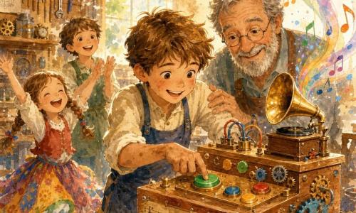 Lucas, menino de 10 anos ao centro, rosto radiante e concentrado, olhos brilhantes, cabelos castanhos despenteados, mãos um pouco engorduradas, pressionando um grande botão verde de uma caixa de madeira decorada com engrenagens coloridas; o senhor Augusto, homem de ~60 anos, barba grisalha e óculos redondos, à direita, com a mão no ombro do garoto, olhando a caixa; à esquerda, uma menina de 6 anos dança de saia colorida e tranças, rindo, e um menino de 8 anos bate palmas atrás dela; oficina acolhedora com prateleiras de madeira cheias de engrenagens, ferramentas penduradas, painéis envelhecidos, janelas altas deixando entrar luz dourada e cavacos flutuando como confetes; em primeiro plano, a caixa musical de madeira verniz, botões coloridos, pequeno gramofone de latão, alguns fios à mostra e uma placa com notas pintadas; atmosfera de alegria contagiante, cores quentes e contrastes suaves, traços aquarelados fluidos e respingos controlados ao redor das notas que sobem em volutas coloridas.