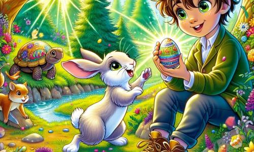 A 10-year-old boy named Oliver, with messy brown hair and sparkling curious eyes, is sitting in a sunny clearing surrounded by colorful flowers. He smiles in wonder while holding a shiny Easter egg decorated with bright patterns. Next to him, a small white bunny named Thistle, with bright eyes and long ears, jumps joyfully, encouraging Oliver with a mischievous smile. A wise turtle named Myrtle, with a shell adorned with natural patterns, observes the scene benevolently, while a playful squirrel named Nutmeg climbs a tree, holding a small acorn in its paws. The clearing is surrounded by tall trees with vibrant green leaves, and a nearby stream sparkles, reflecting the sunlight. Brightly colored flowers gently sway in the breeze, creating a magical atmosphere. The main scene shows Oliver and his friends painting enchanted Easter eggs, each adding their personal touch, as the moonlight begins to shine, illuminating their creativity and friendship.