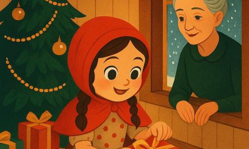 O fetiță de 6 ani cu față rotundă, părul șaten împletit, ochi mari și luminoși, expresie uimită și bucurosă, într-o rochiță cu buline și o glugă groasă roșie din lână, deschide delicat un mic cadou în fața unui brad; o bunică de circa 70 de ani, păr gri prins în coc și zâmbet blând, stă lângă fereastră cu mâna pe pervaz privind-o cu bunătate; salonul mic și călduros are pereți din lemn deschis, un covor tricotat, un brad verde decorat cu globuri aurii și ghirlande, cadouri colorate la bază și zăpadă sclipind afară; dimineață luminoasă de Crăciun, compoziție centrată pe fetiță sub brad, atmosferă cosy, culori calde (roșu, verde, auriu), texturi vizibile și lumini moi cu umbre grafice în stil art déco.