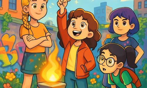 There are 4 children: Suri, an 11-year-old girl with curly brown hair, wearing a bright red jacket and worn sneakers, stands in the center holding a sparkling silver key. Elya, a tall 12-year-old girl with braided blonde hair and mismatched earrings, is to Suri's left, arms crossed with a mischievous smile. Nia, an 11-year-old small and slim girl with round glasses and black hair in a ponytail, is to Suri's right, leaning forward curiously observing the key. Lila, a 12-year-old girl with purple hair and a floral-patterned dress, stands behind Suri with her hands on her hips, displaying a determined expression. The setting is on a green rooftop surrounded by urban buildings covered in colorful graffiti. The sky is bright blue, and the sun shines, illuminating the secret garden with vibrant flowers and climbing plants. In the center, a magical flame dances on a stone pedestal, casting vibrant shadows on the ground. The main scene shows the children gathered around the flame, with Suri raising the key to the sky as if to seal a pact. The others watch her in admiration, their faces lit by the golden light of the flame, while sparks of magic shimmer around them.