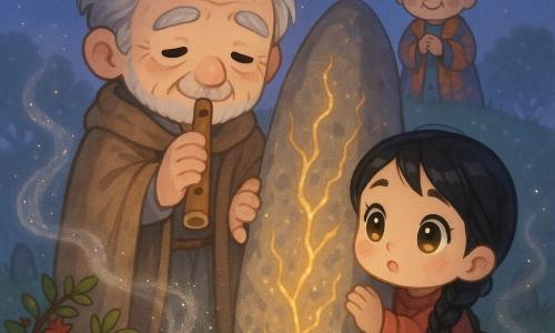 An elderly man, Arman, with a gentle, lined face and salt-and-pepper hair, wears a sand-colored cloak, plays a small wooden flute and lays his hands on a large menhir whose rough surface shows glowing fissures and a soft golden light; a curious seven-year-old girl, Leyla, with braided black hair clutches his cold hand and watches the stone in wonder while an old woman in a colorful coat stands on a hill behind them, smiling gratefully; around them are a circle of smaller stones, low pomegranate branches heavy with bright red fruit and dew-wet green grass, a fine silvery mist with tiny luminous particles like floating memories drifts around the figures, and the twilight sky is blue-violet with early stars and warm evening light — Arman soothes the mist and the menhir with his flute as the girl listens amazed and villagers observe, creating a tender, peaceful, magical atmosphere.