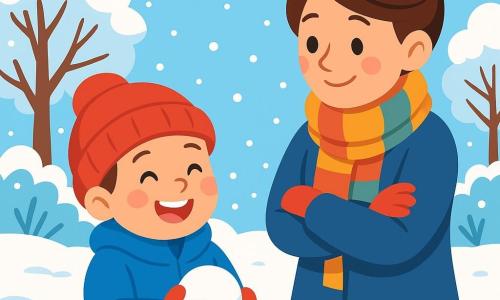 A 4-year-old boy with rosy cheeks and sparkling eyes is wearing a bright blue coat and a red hat. He is picking up snow with his little gloved hands, a big smile lighting up his face. Next to him, his mother, a woman in her thirties with brown hair tied in a bun, is wearing a colorful scarf and watching her son with tenderness, arms crossed, standing on the snow. The setting is a winter garden covered in a thick layer of shimmering snow under a clear blue sky, with trees laden with snow. In the distance, snowflakes are gently falling, adding a magical touch to the scene. The little boy is having fun making a snowball, laughing out loud, while his mother encourages him with a loving look.