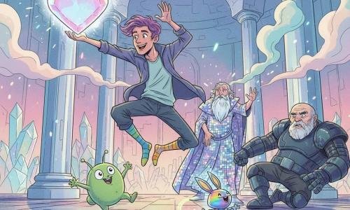 Zog, an energetic smiling man with tufted purple hair and mismatched socks, leaps to snatch a huge glowing Crystal Core from its platform, eyes shining; nearby Blip, a small bouncy green boy (~8) with big round eyes and twitching antennae, laughs and jumps; old Zeldor, wrinkled with a long silver beard and an iridescent robe, raises a hand casting protective sparks; grumpy large alien Grumpus in dark metal armor with a mechanical arm slips backward, surprised; Sparky, a small rainbow robot rabbit with metallic fur and neon ears, dances at their feet in a technomagic castle hall of translucent crystal and chrome with glowing filament columns, pastel smoke, fine sparks, pulsing pink-blue-green light and a reflective mosaic floor — a joyful, neon, glittering moment as Zog grabs the Crystal Core while the others react.