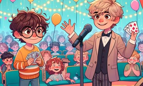 Dos chicos de nueve años, Lucas y Tomás, están en un escenario colorido, lleno de globos y guirnaldas. Lucas, con cabello castaño desordenado y gafas redondas, sonríe con confianza, sosteniendo un juego de cartas. A su lado, Tomás, con cabello rubio y ojos brillantes, mira a su amigo con admiración, listo para participar en el gran truco de magia. El lugar es un salón de espectáculos decorado con luces centelleantes, con filas de sillas llenas de niños y padres, todos ansiosos por asistir al concurso de talentos. La situación principal muestra a Lucas y Tomás realizando su truco de magia, con Lucas haciendo un gesto teatral para hacer desaparecer una carta, mientras Tomás, con una mirada maravillada, espera la reacción del público. Los rostros de los niños en el público expresan emoción y asombro, creando una atmósfera mágica y alentadora.