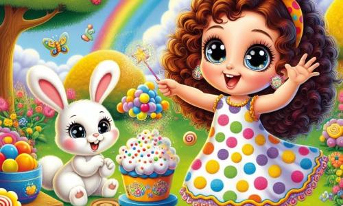 Uma menina de 4 anos, Sofia, com grandes olhos brilhantes e cabelos cacheados, está pulando de alegria em um jardim colorido, cercada por flores vibrantes e borboletas. Ela usa um vestido de bolinhas multicoloridas e segura uma varinha brilhante, seu rosto radiante de excitação e curiosidade. Ao seu lado, um coelho branco travesso chamado Pompom, com grandes orelhas e um sorriso travesso, observa Sofia com admiração. O jardim é cheio de cores vivas, com árvores de folhas douradas e um céu azul claro com nuvens em forma de doces. Ao fundo, um pequeno forno de brinquedo solta uma leve fumaça, adicionando um toque de magia à cena. Sofia, cheia de entusiasmo, tenta preparar um bolo que pula no ar, cercada por ingredientes divertidos como nuvens de algodão e balões, enquanto Pompom a incentiva com risadas.