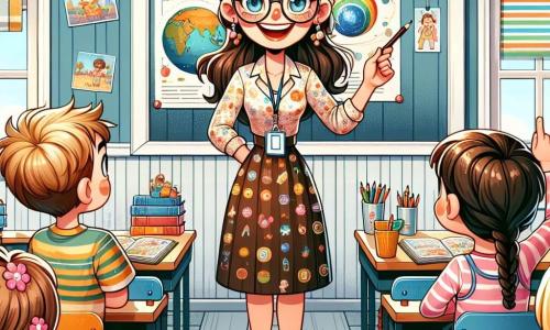 In der Mitte des Bildes steht eine Lehrerin, eine etwa dreißigjährige Frau mit langen braunen Haaren, die zu einem Dutt gebunden sind, und runden Brillen, die herzlich lächelt. Sie trägt eine bunte Bluse mit Motiven von Stiften und Büchern und zeigt ihren Schülern begeistert ein großes Poster des Sonnensystems, mit leuchtenden Augen. Rechts von ihr hebt Max, ein 8-jähriger Junge mit zerzausten blonden Haaren und Brille, aufgeregt die Hand, bereit, eine Frage zu stellen. Links von ihr hält Mia, ein 7-jähriges Mädchen mit geflochtenen braunen Haaren und einem Blumenkleid, einen Bleistift und ein Notizbuch in der Hand, bereit, das Gesehene zu zeichnen, mit einem staunenden Lächeln im Gesicht. Die Szene spielt in einem hellen Klassenzimmer mit hellblauen Wänden, aufgehängten Lehrpostern und Fenstern, die Sonnenlicht hereinlassen. Holztische sind im Halbkreis angeordnet, und bunte Bücher sind auf den Schreibtischen verteilt. Die Hauptsituation zeigt die Lehrerin, die leidenschaftlich die Wunder des Weltraums erklärt, während die Kinder aufmerksam zuhören und von dem Abenteuer, über das Sonnensystem zu lernen, gefesselt sind.