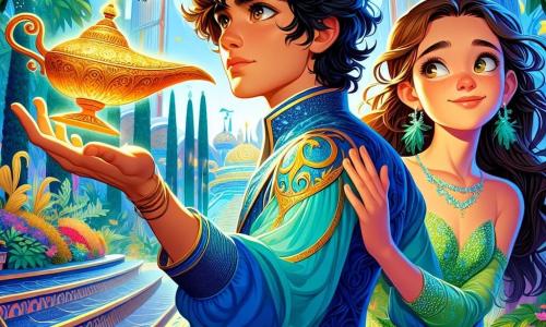 Aladdin, een jonge man met zwart, krullend haar, draagt een helderblauwe tuniek versierd met gouden patronen. Zijn gezicht straalt vastberadenheid en hoop uit terwijl hij rechtop staat, met zijn hand uitgestrekt naar een glinsterende magische lamp. Jasmine, een vijftienjarig meisje met lang bruin haar en sprankelende ogen, staat naast hem, gekleed in een stralende groene jurk, met gekruiste armen en een bemoedigende glimlach. De scène speelt zich af in de Grote Tuin, een weelderige ruimte in het hart van een futuristische stad, waar bomen met glanzende bladeren en kleurrijke bloemen bloeien onder een azuurblauwe lucht. Moderne gebouwen met golvende vormen omringen de tuin, wat een opvallend contrast met de natuur creëert. Aladdin en Jasmine bereiden zich voor om een wens te doen om de schoonheid van de tuin te herstellen, terwijl kleurrijke vogels om hen heen vliegen en een vleugje magie aan de sfeer toevoegen.