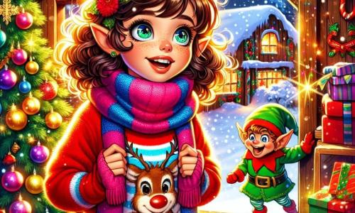O fetiță de 10 ani, cu părul castaniu și ochii strălucind de curiozitate, stă în mijlocul unei grajd frumos decorate pentru Crăciun. Ea poartă un pulover roșu aprins cu un model de ren și o eșarfă multicoloră, iar fața ei radiază de entuziasm și bucurie. Lângă ea, un spiriduș jucăuș, cu urechi ascuțite și un zâmbet ștrengar, poartă o ținută verde împodobită cu clopoței care sună la fiecare mișcare. Scena are loc într-un grajd cald, iluminat de ghirlande luminoase, cu fulgi de zăpadă căzând ușor afară. Decorațiuni de Crăciun colorate împodobesc pereții din lemn, iar un brad mare și strălucitor se află într-un colț, înconjurat de cadouri frumos împachetate. Fetița descoperă o bulă de hârtie misterioasă pe jos, iar privirea ei fascinată trădează nerăbdarea și dorința de aventură. Spiridușul, cu un ochi ștrengar, o încurajează să desfășoare cadoul, promițând o surpriză magică care îi va duce într-o călătorie de neuitat.