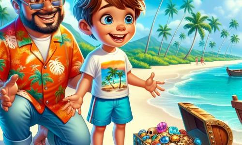 Um menino de 10 anos, Lucas, com cabelos castanhos bagunçados e olhos brilhando de curiosidade, está em uma praia de areia branca, com os braços abertos e um grande sorriso no rosto, maravilhado com a beleza da paisagem. Ele usa uma camiseta colorida com estampas de palmeiras e um short azul vibrante. Ao seu lado, Kimo, um homem havaiano de cerca de 40 anos, com uma camisa havaiana de cores vivas e óculos de sol, sorri enquanto mostra um mapa do tesouro a Lucas, os dois em pé perto de um velho barco de pesca encalhado na costa. Ao fundo, palmeiras balançam suavemente sob o céu azul, enquanto ondas turquesa se quebram suavemente na praia. A cena principal mostra Lucas e Kimo descobrindo uma caixa antiga cheia de tesouros brilhantes, cercados por conchas e corais, simbolizando uma aventura inesquecível no coração da cultura havaiana.