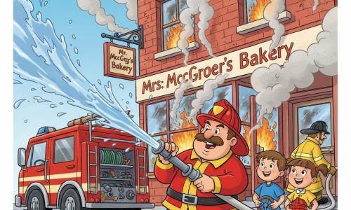A round-faced fire chief with a bushy mustache and shiny red helmet, determined smiling expression and energetic stance, aims a water hose at flames; an about-8-year-old boy Max with short brown hair and a blue T-shirt stands on the red truck step holding the wheel, amazed and enthusiastic; an about-8-year-old girl Lucy with braids and a yellow dress, wide smile, holds a small helmet at her side admiring the chief next to the truck; firefighter Sam, a tall adult in yellow turnout gear and a black helmet, is focused and helping deploy the hose near the bakery door; scene in front of a small red-brick bakery named Mrs. McGregor’s Bakery with a dusty window on a cobbled street, a shiny red truck parked diagonally, gray smoke and white steam swirling; dynamic action with a powerful water jet striking orange flames and smoke, splashes and extinguished sparks, warm colors contrasting with blue sky and shiny metal truck.