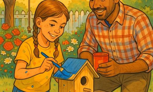 A radiant, focused 10-year-old girl with light brown hair in two braids, wearing a paint-stained yellow T-shirt and cut-off jeans, holds a blue brush painting a wooden birdhouse on a garden table while her about-38-year-old father, smiling with light stubble in a checked shirt and khaki pants, stands beside her holding a red paint pot and looking at her proudly; a small green garden with colorful flowerbeds, a weathered white fence, a rope swing on an apple tree and gardening tools on the grass form the background, the scene at golden sunset with warm light, long shadows and paint splatters on the table, a joyful intimate father-daughter moment centered on the painted birdhouse.