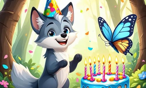 Un pequeño lobo llamado Luno, con pelaje gris y ojos brillantes de curiosidad, se encuentra en el centro de un claro del bosque, sonriendo con asombro. Lleva un pequeño sombrero de fiesta colorido y sostiene un pastel de cumpleaños decorado con velas encendidas. A su derecha, una mariposa mágica llamada Brisa, con alas azul brillante y doradas, vuela alegremente a su alrededor, mostrando una expresión radiante y juguetona. A su izquierda, un oso pardo llamado Baloo, grande y cálido, aplaude con una gran sonrisa, mientras que una pequeña rana verde llamada Rina canta alegremente sobre una piedra, con ojos brillantes de felicidad. El lugar es un hermoso valle bañado por la luz dorada del sol poniente, con flores multicolores y un arcoíris brillante en el cielo. La escena irradia una atmósfera festiva y mágica, llena de alegría y amistad. Luno celebra su cumpleaños rodeado de sus nuevos amigos, todos unidos en la alegría y la magia de este momento especial.