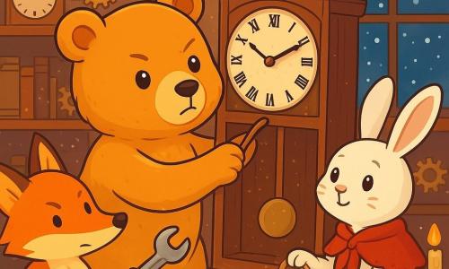 Un gran oso de peluche, Bruno, con un pelaje dorado y suave como la miel, se encuentra en el centro de la escena, con una mirada decidida y ojos brillantes de curiosidad. Ajusta una manecilla de un viejo reloj de madera, rodeado de polvo brillante. A su derecha, una pequeña coneja de grandes orejas, Madame Liebre, con pelaje blanco y un pequeño chal rojo, mira con esperanza, sosteniendo un hilo fuerte en sus patas. A la izquierda, un astuto zorro, Monsieur Zorro, con pelaje naranja brillante y una expresión concentrada, sostiene una herramienta de metal, listo para ayudar a su amigo. El decorado es un encantador taller de relojería, lleno de engranajes relucientes, libros antiguos y guirnaldas de luz, con copos de nieve que caen suavemente afuera. La escena muestra a Bruno y sus amigos trabajando juntos para reparar el gran reloj, sus rostros iluminados por la cálida luz de las velas, llenos de esperanza y camaradería.