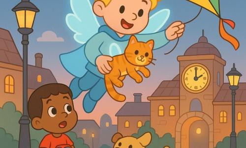 A young man, Finn, round smiling face and sunlit blond hair, pale glowing blue cape and small translucent wings, joyful and kind, floats gently holding an orange kitten and releasing a colorful kite; a five-year-old boy with short brown hair and wide eyes stands on the left sidewalk holding a small red toy car, a compact beige dog wags its tail near him on the right; in front of a large stone clock with golden numerals, rounded roofs, tall lampposts and cobbled streets lit by warm evening lights, Finn has rescued the kitten from a ledge and restarted the clock while the kite flies above the square in a soft, pastel, simple rounded style.